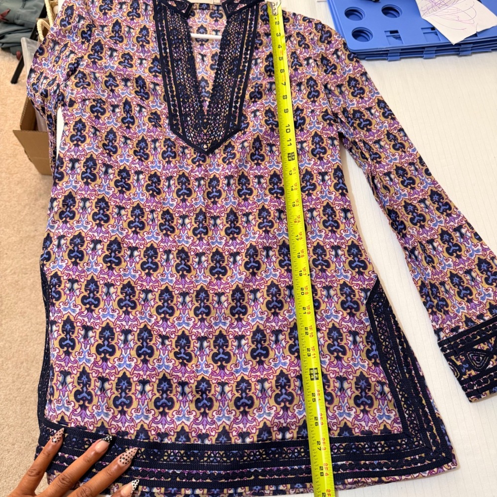 Tory Burch Damask Crochet Trim Tunic Top Sz 4 Boho Resort Wear preppy designer - Picture 10 of 14